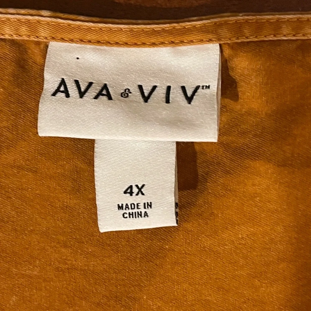 Ava & Viv tiered dress. Balloon 3/4-Sleeve A-Line. Midi, 100% cotton. Mustard 4X - Picture 10 of 12